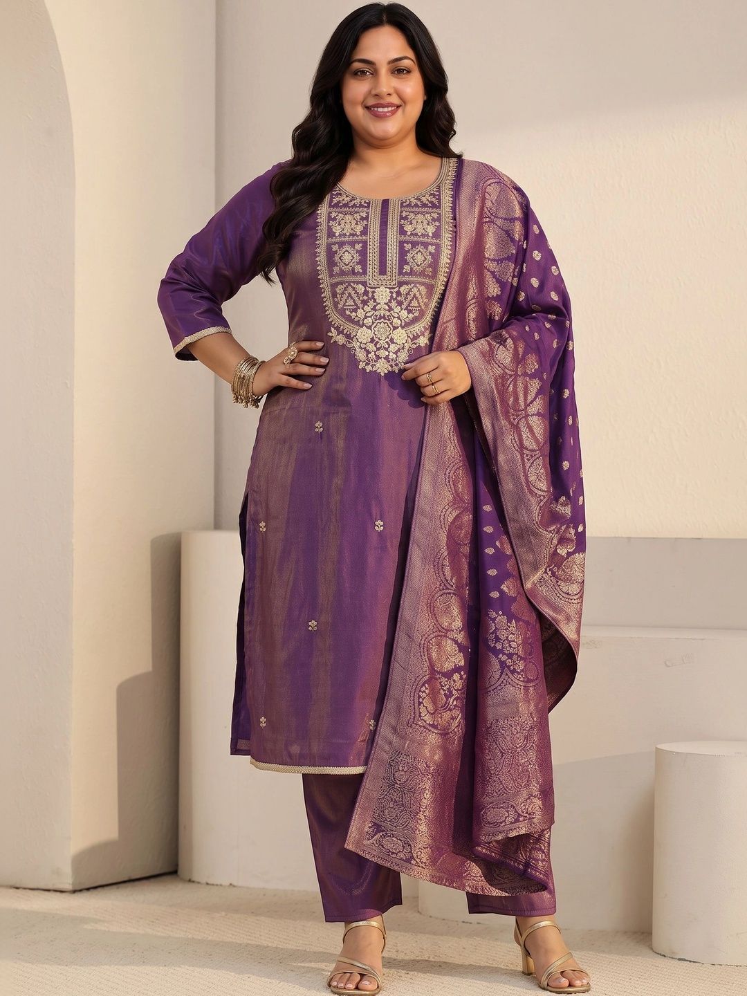 Women Ethnic Motifs Embroidered Regular Thread Work Kurta with Trousers & With Dupatta