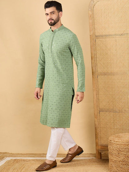 Geometric Embroidered Mandarin Collar Straight Kurta & Trousers