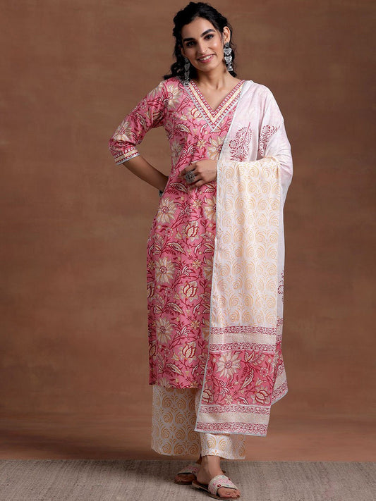 V Neck Floral Printed Gotta Patti Pure Cotton Straight Kurta with Palazzo & Dupatta