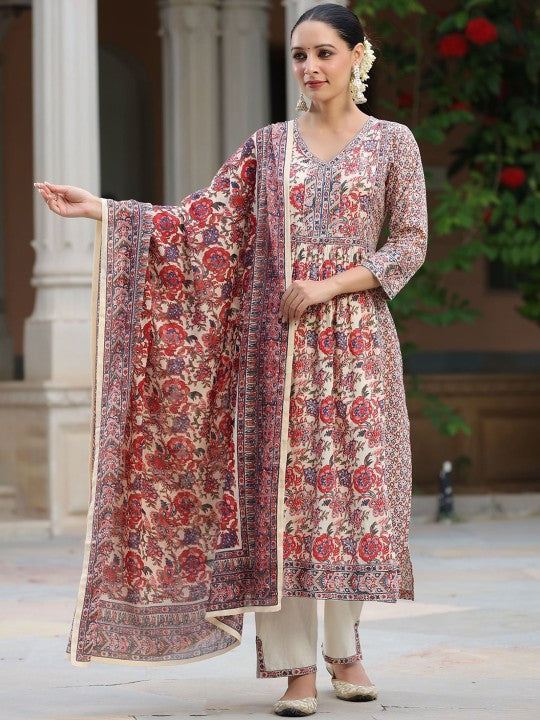 Floral Printed Sequinned Pure Cotton Kurta & Trousers With Dupatta