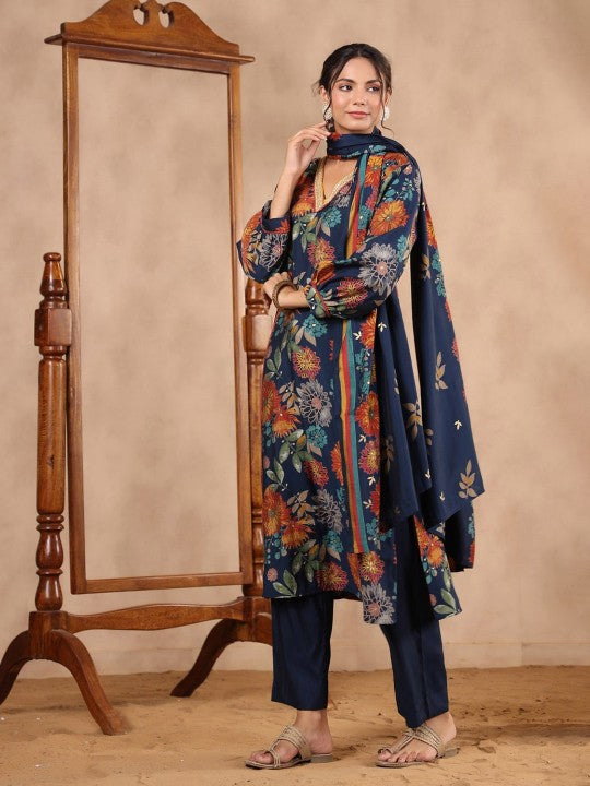 Floral Printed Regular Beads and Stones V Neck Kurta With Trouser & Dupatta