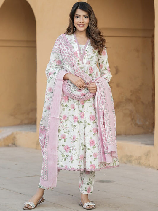 Women Floral Printed Regular Thread Work Pure Cotton Kurta with Trousers & Dupatta