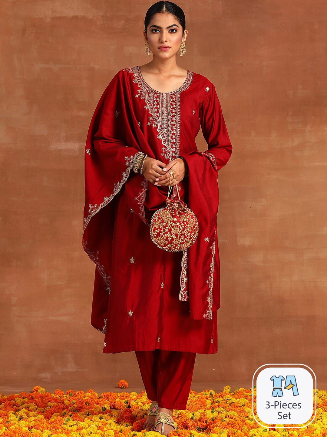 Ethnic Motifs Embroidered Regular Sequinned Kurta With Trousers & Dupatta