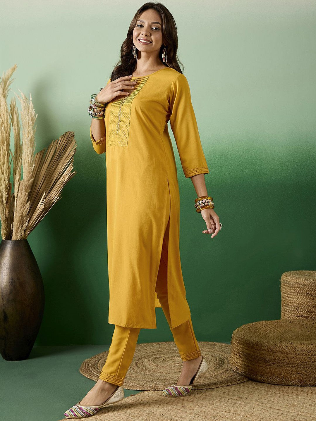 Round Neck Embroidered Straight Kurta With Trouser Set