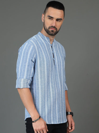 Blue & White Striped Printed Mandarin Collar Cotton Straight Short Kurta