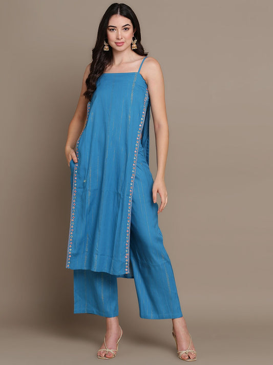 Striped Mirror Work High Slit Kurta with Palazzos