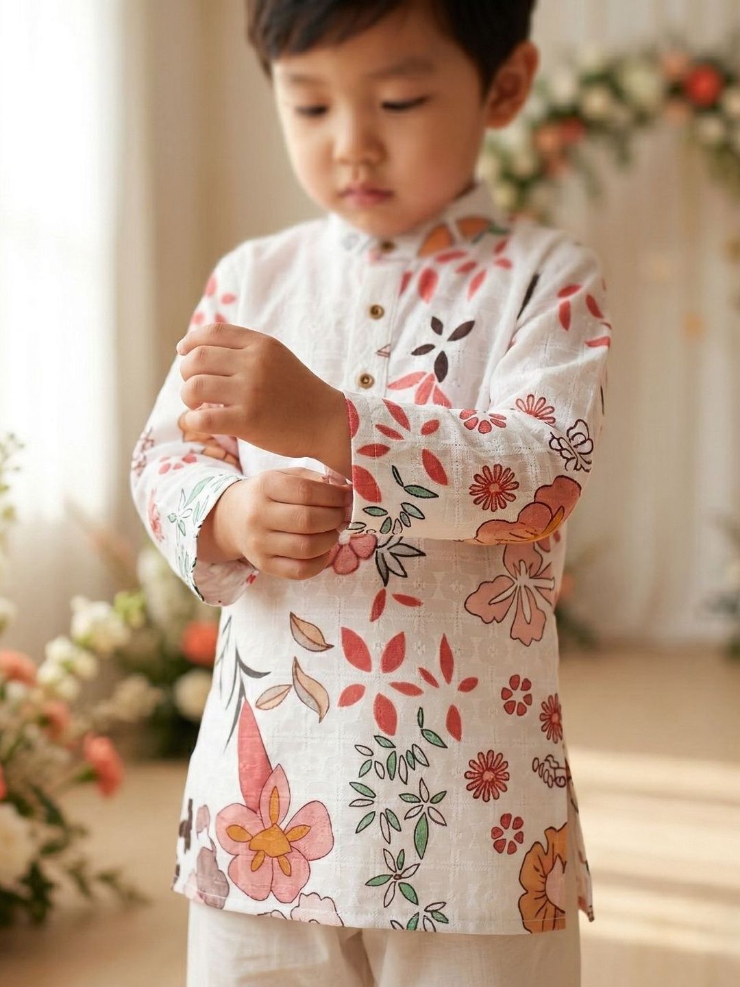 Boys Ethnic Motifs Embroidered Regular Chikankari Pure Cotton Kurta with Pyjamas