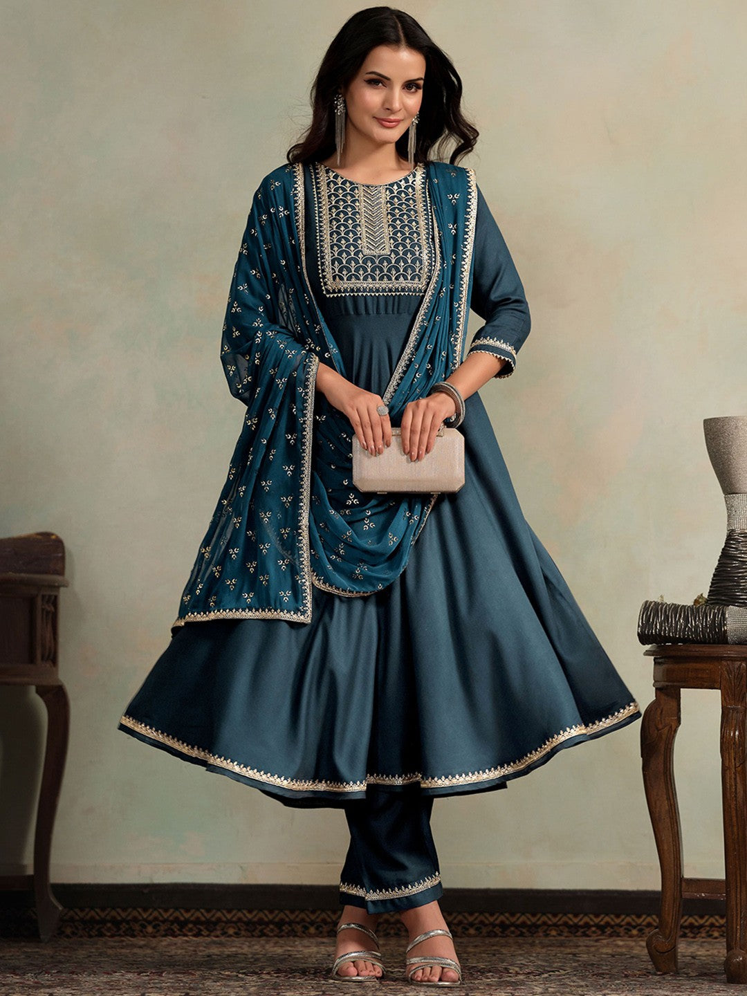 Ethnic Motifs Embroidered Thread Work Anarkali Kurta With Trousers & Dupatta