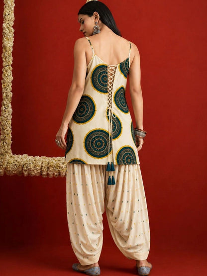 Women's Teal Bandhej Printed Pure Cotton Staright Short Kurti With Farshi Salwar