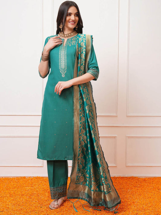 Green Ethnic Motifs Printed Regular Kurta with Palazzo & Dupatta