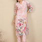 Floral Printed V-Neck Chanderi Silk Straight Kurta With Trousers & Dupatta