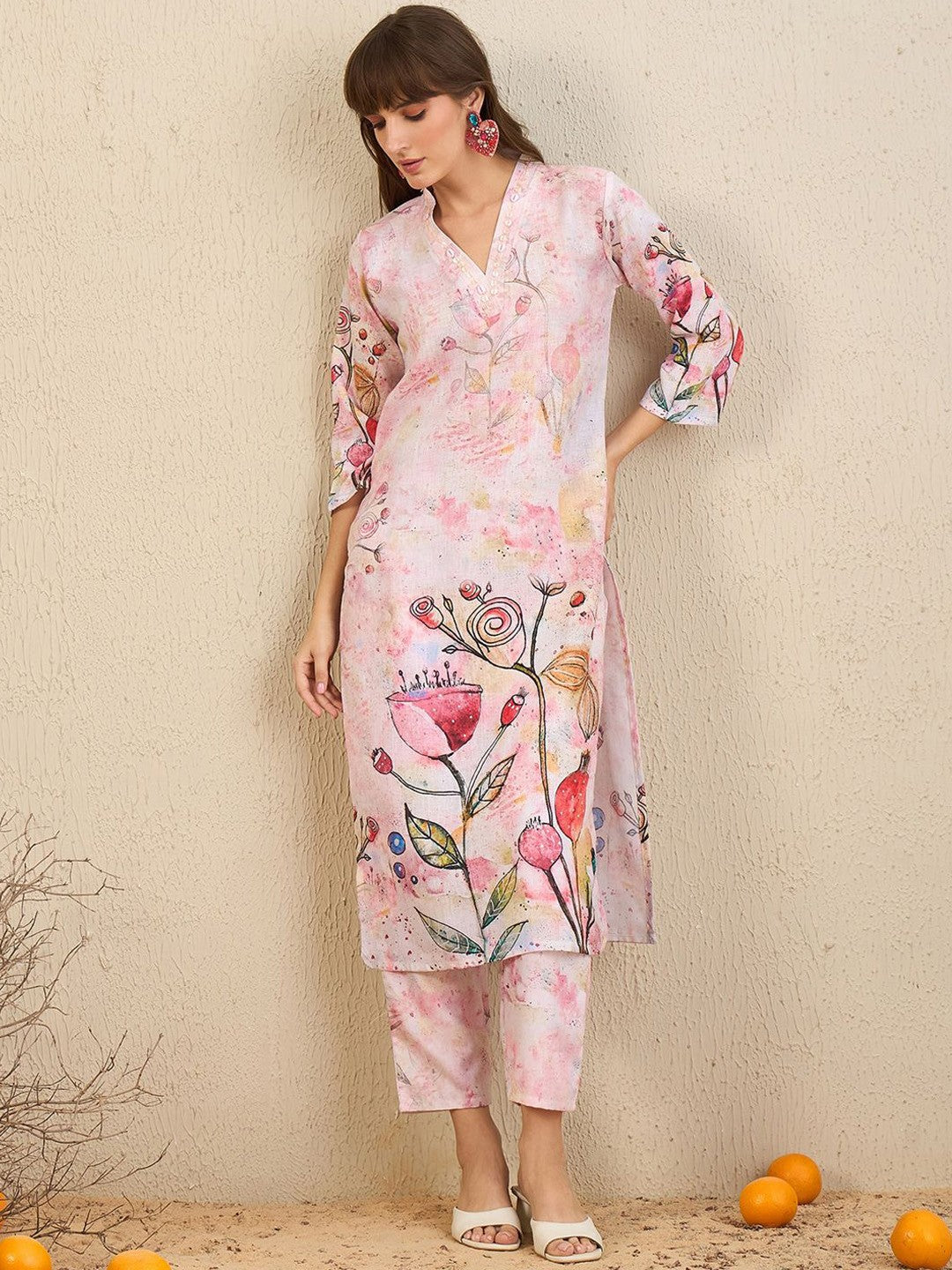 Floral Printed V-Neck Chanderi Silk Straight Kurta With Trousers & Dupatta