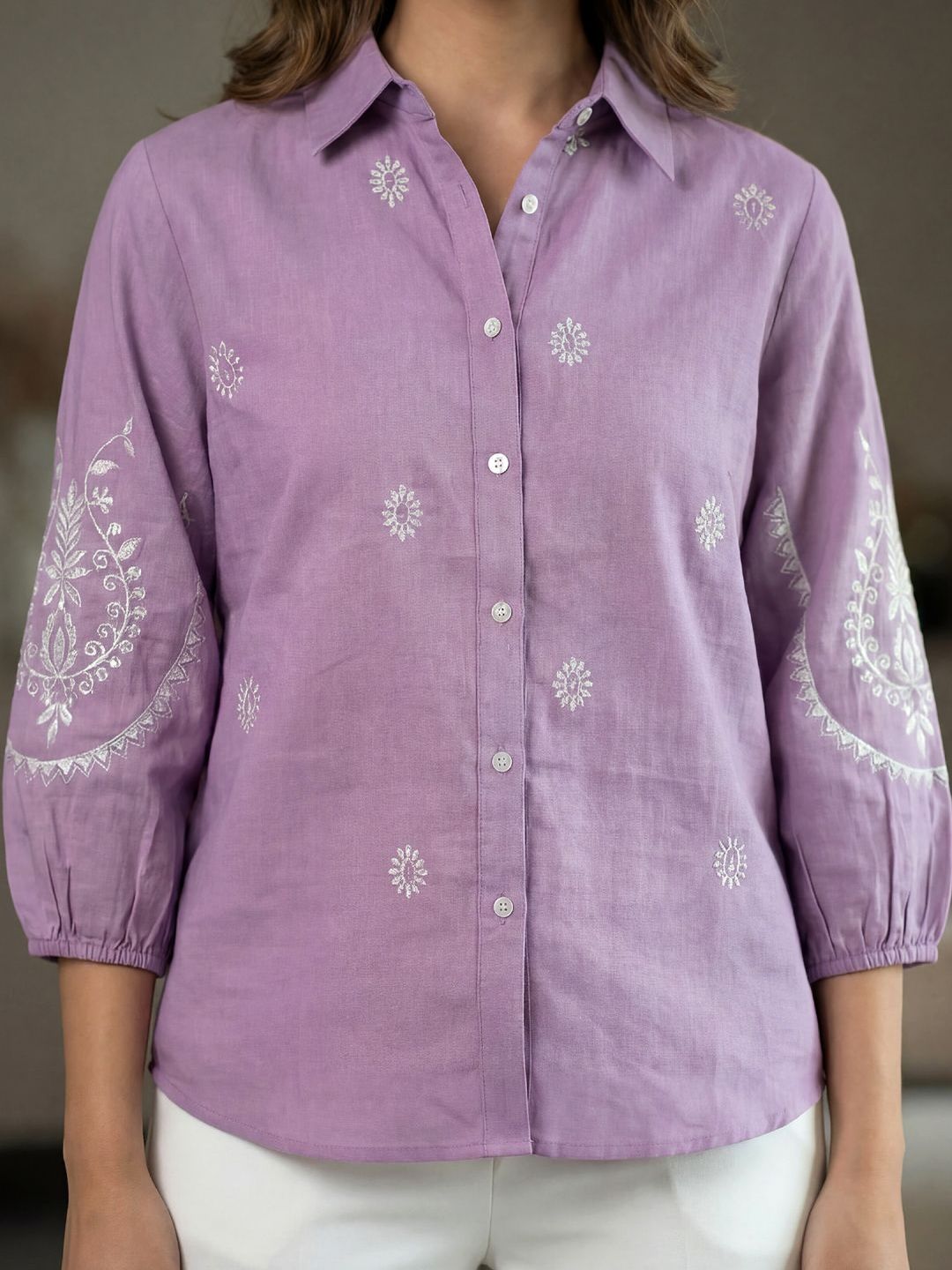 Women Shirt Collar Embroidered Tunic