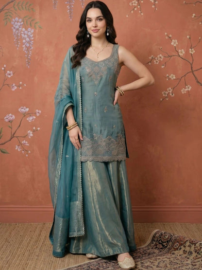 Women Ethnic Motifs Embroidered Regular Thread Work Kurta with Sharara & With Dupatta