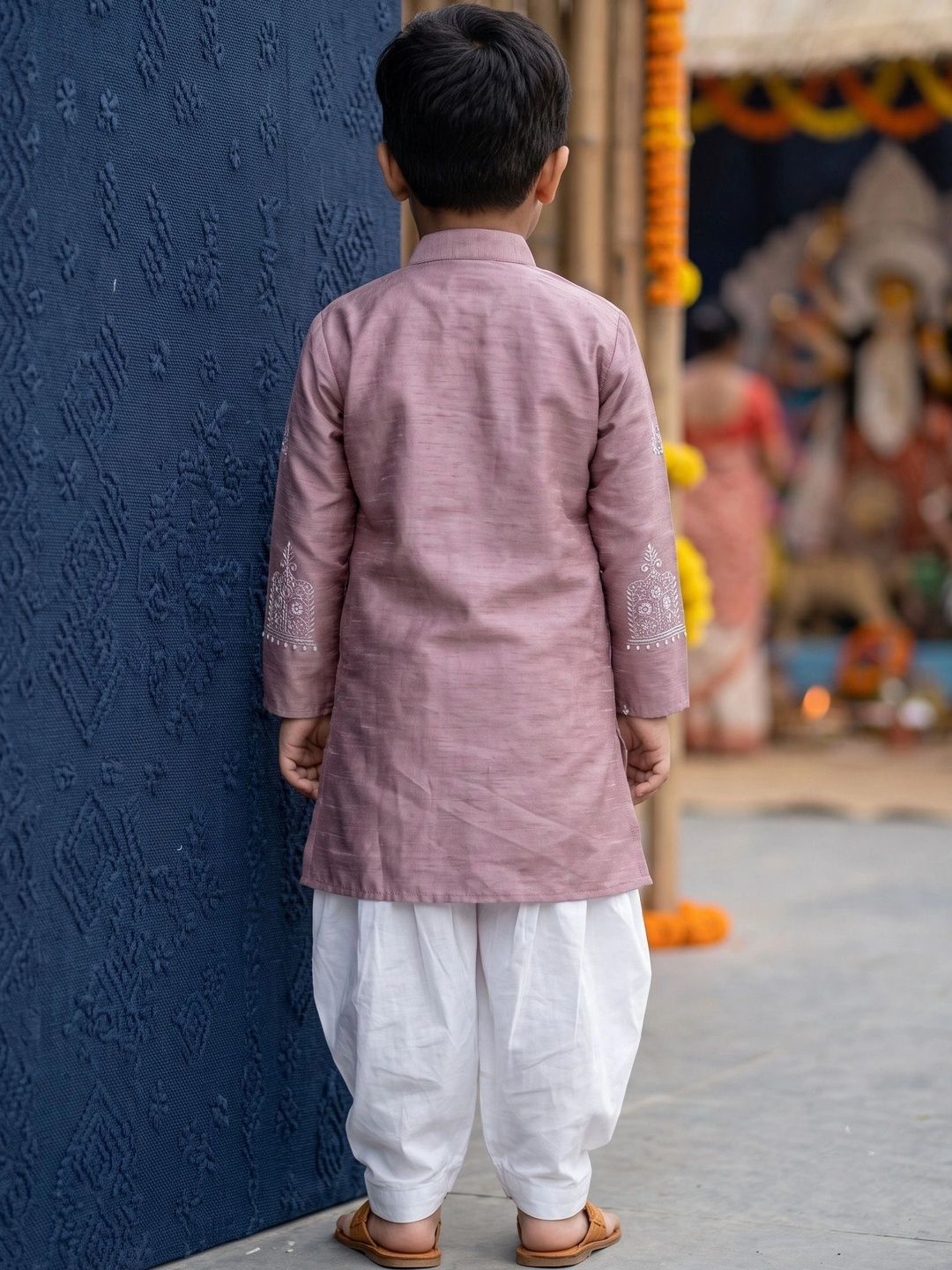 Boys Ethnic Motifs Embroidered Work Raw Silk Kurta with Dhoti Pants