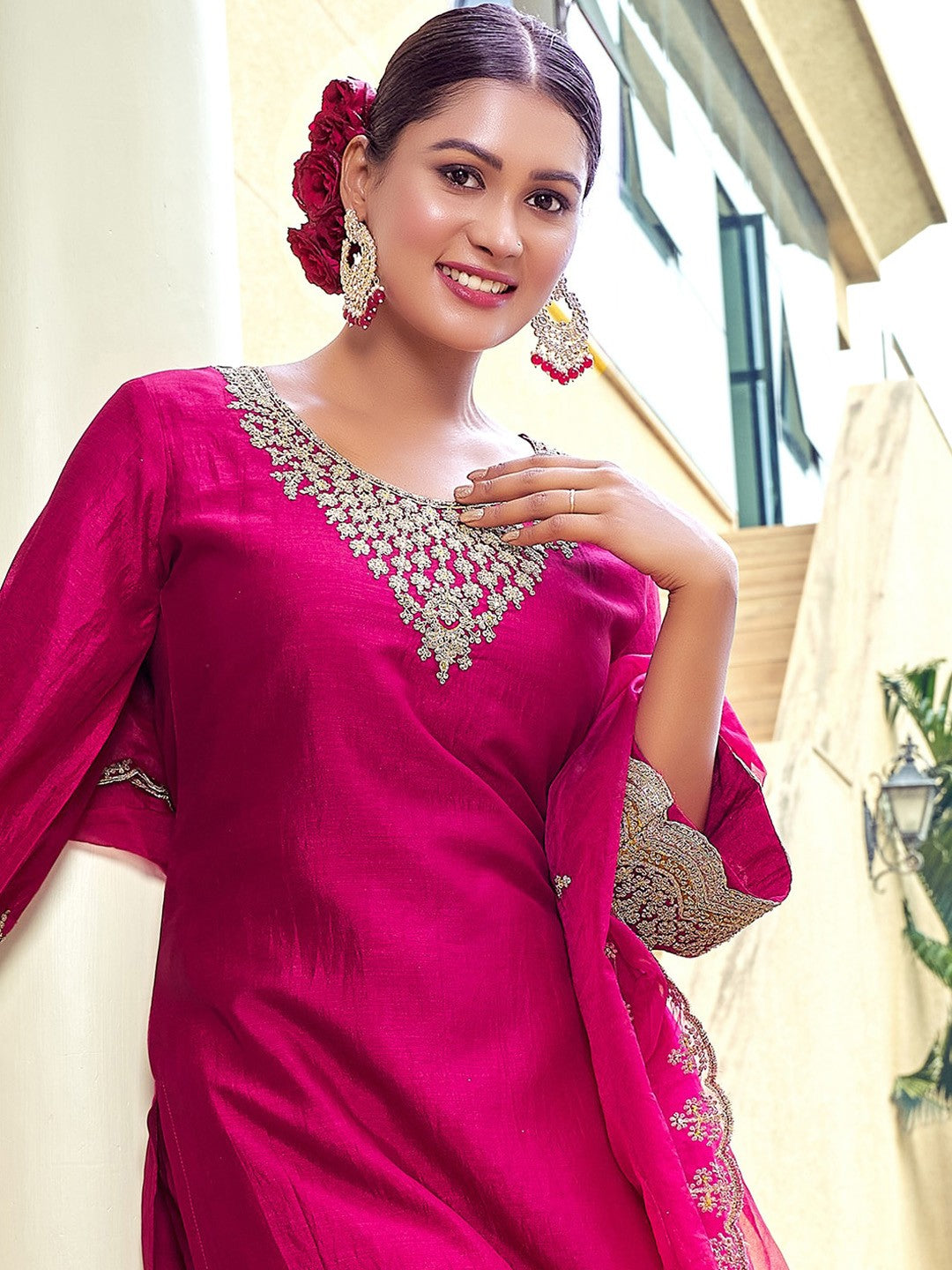 Ethnic Motifs Yoke Design Thread Work Straight Kurta & Trousers With Dupatta