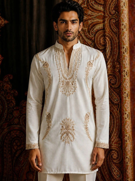 Men Ethnic Motifs Embroidered Regular Thread Work Kurta with Pyjamas (Cream)