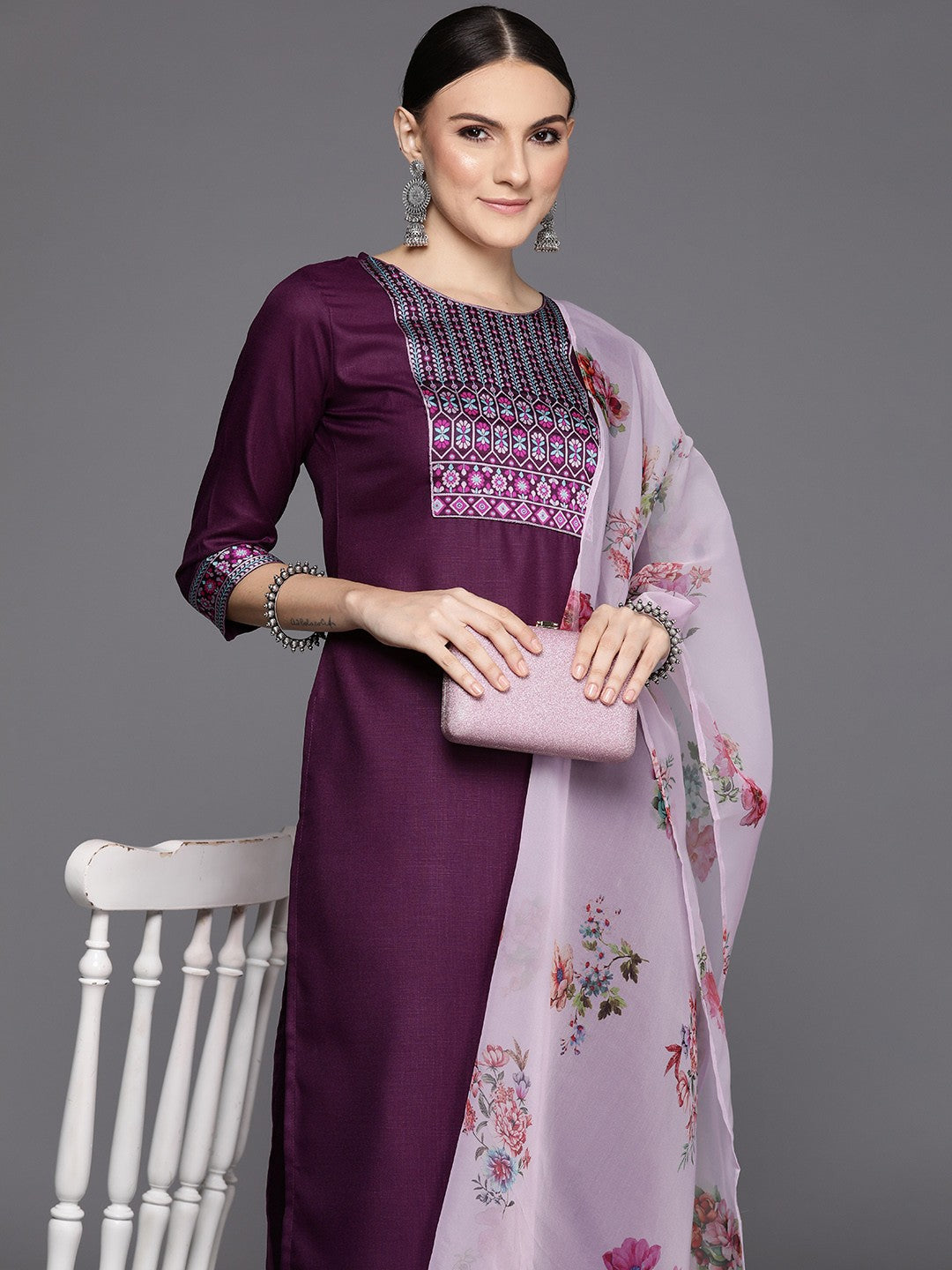 Women Purple Yoke Design Regular Kurta with Palazzos & With Dupatta