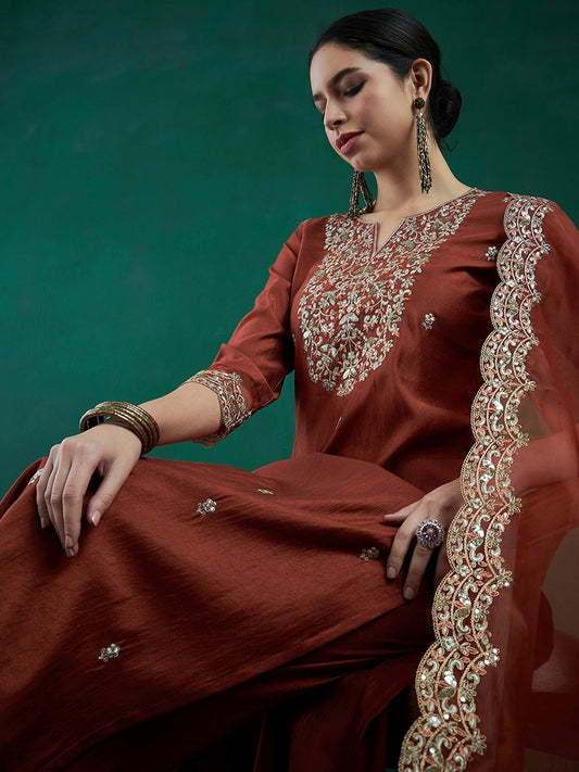 Ethnic Motifs Embroidered Regular Liva Zari Kurta With Trousers & Dupatta