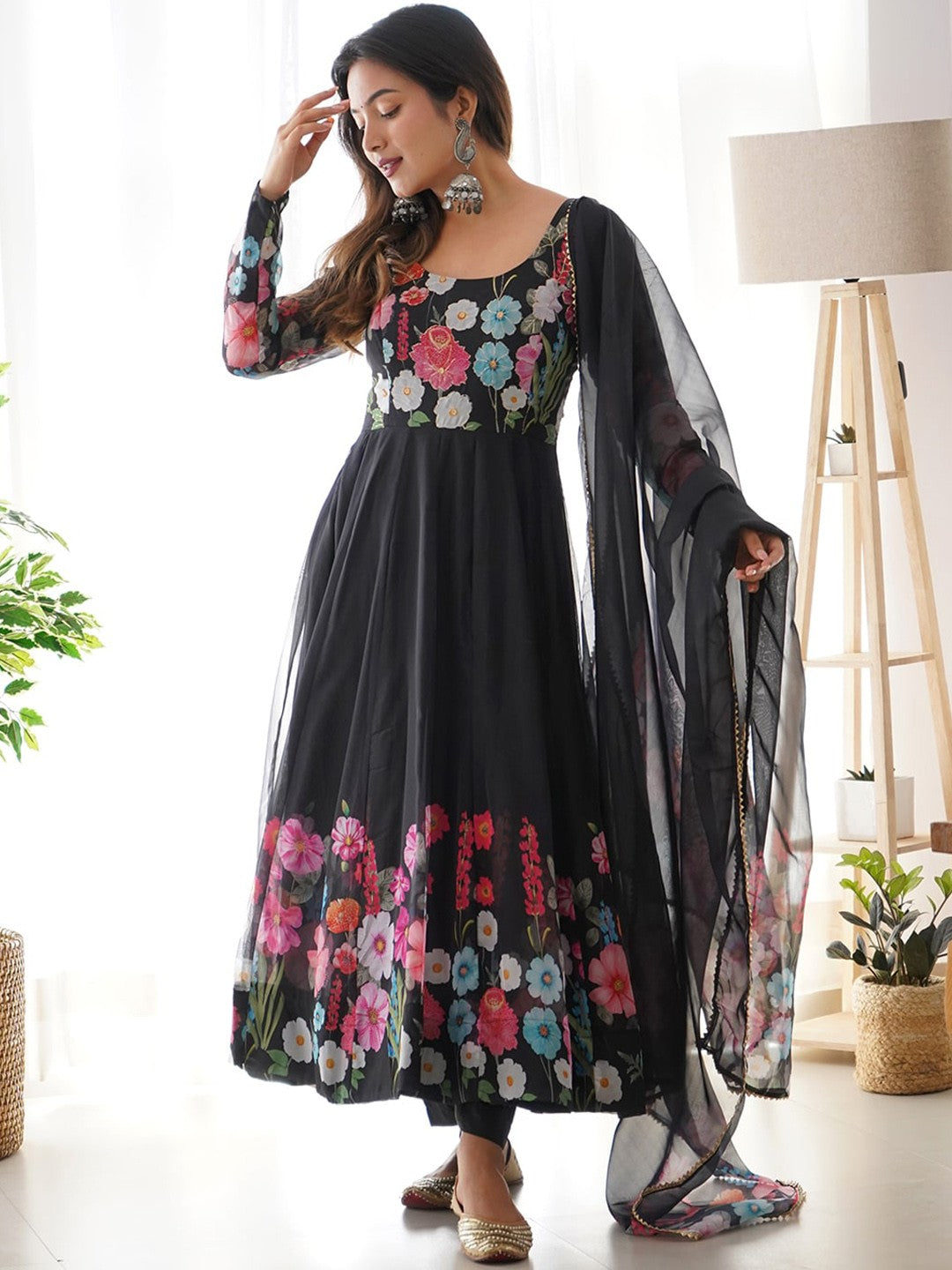 Floral Printed Anarkali Kurta With Trousers & Dupatta