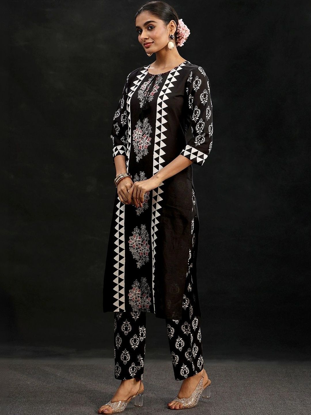 Black Block Print Cotton Straight Suit Set