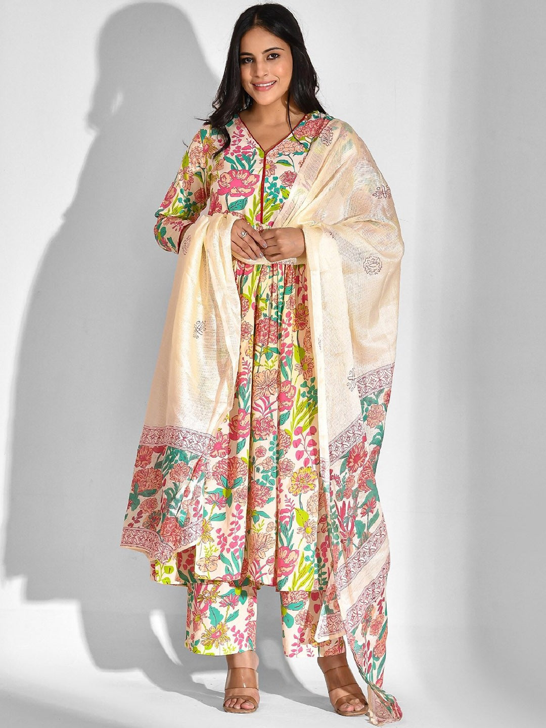 Floral Printed V-Neck Anarkali Kurta With Palazzos & Dupatta