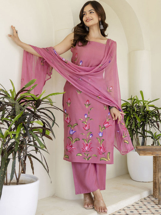 Women Floral Printed Cotton Kurta with Trousers & Dupatta