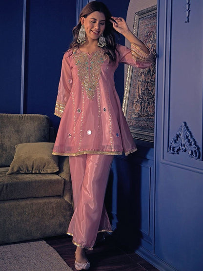 Embroidered Zari Mirror Work Ethnic Motifs Empire Kurta Trouser Set
