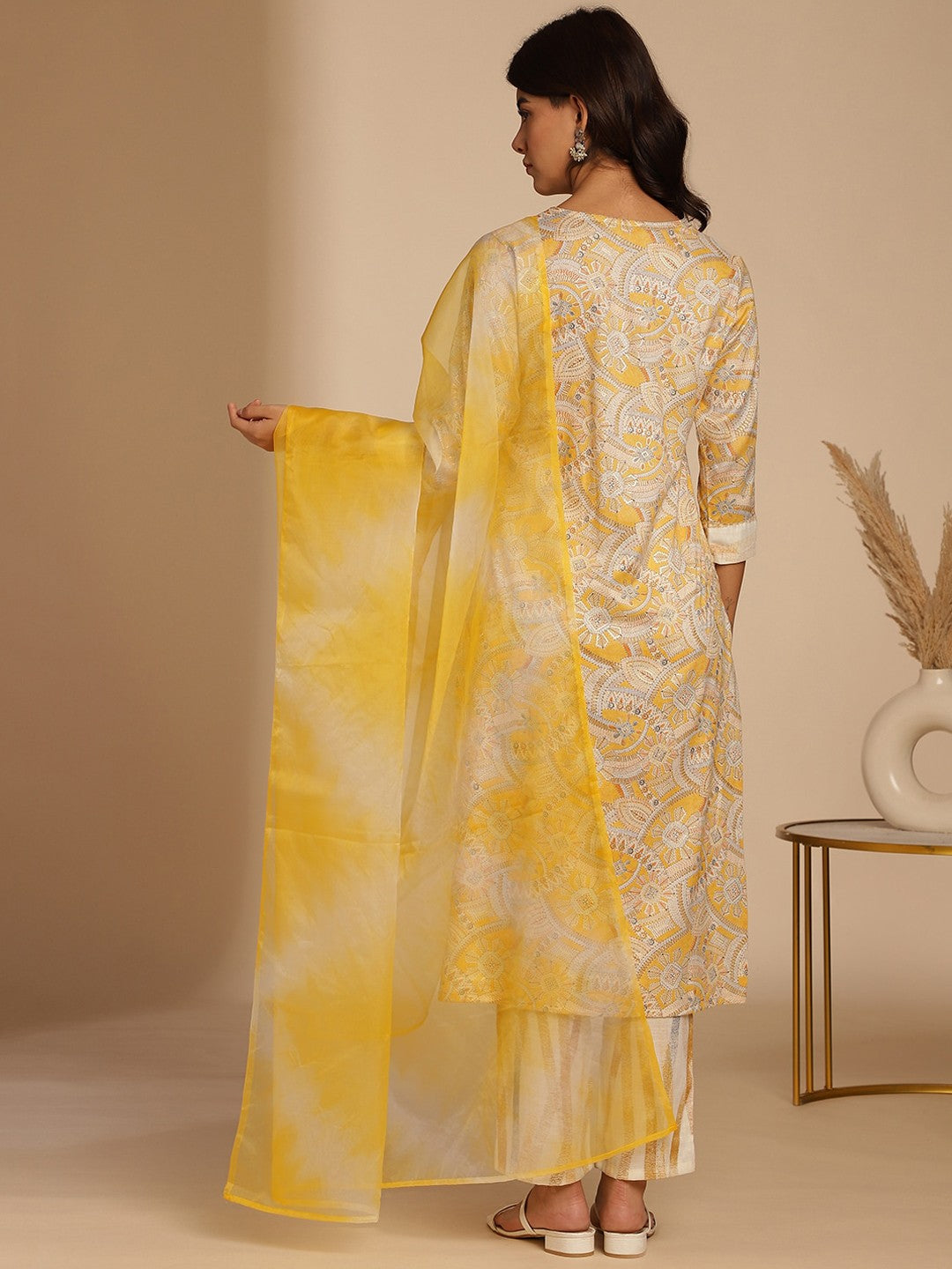 Mustard Yellow Ethnic Motifs Printed Thread Work Kurta with Trousers & Dupatta