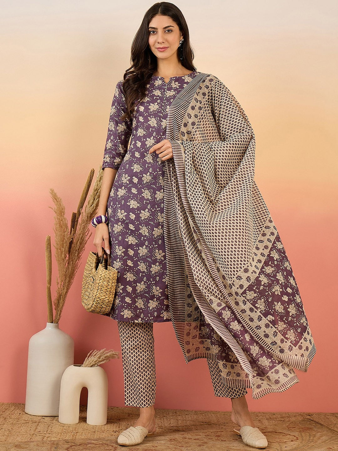 Floral Printed Pure Cotton Round Neck Kurta With Trousers & Dupatta