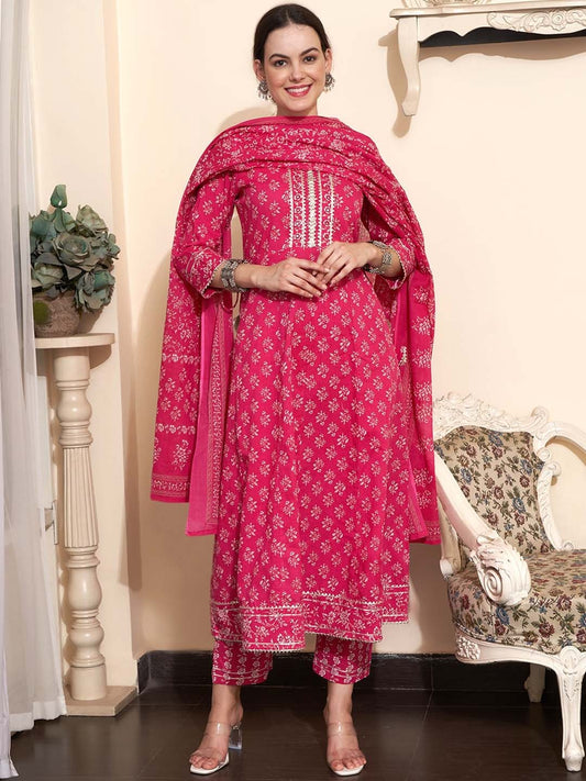 Printed & Embroidered Pure Cotton A-Line Kurta With Trouser & Dupatta