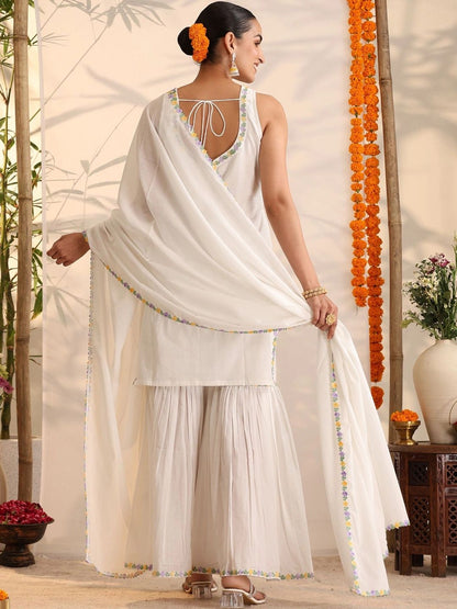 Women Ethnic Motifs Embroidered Regular Thread Work Pure Cotton Kurta with Sharara & With Dupatta
