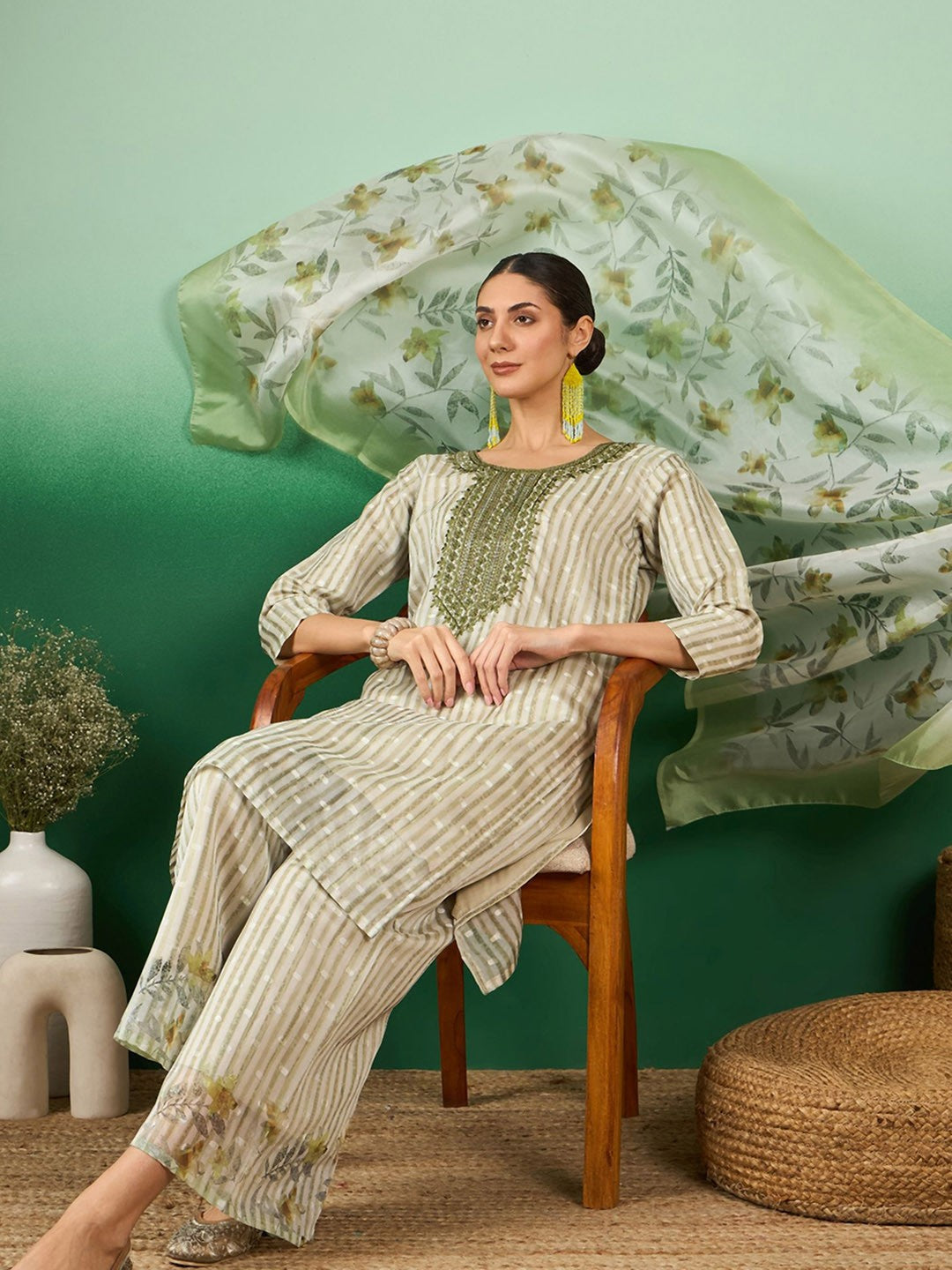 Green Striped Beads & Stones Organza Straight Kurta & Palazzos With Dupatta