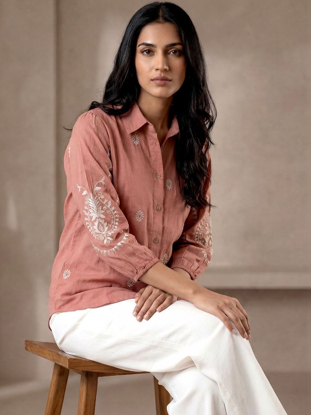 Women Shirt Collar Embroidered Tunic