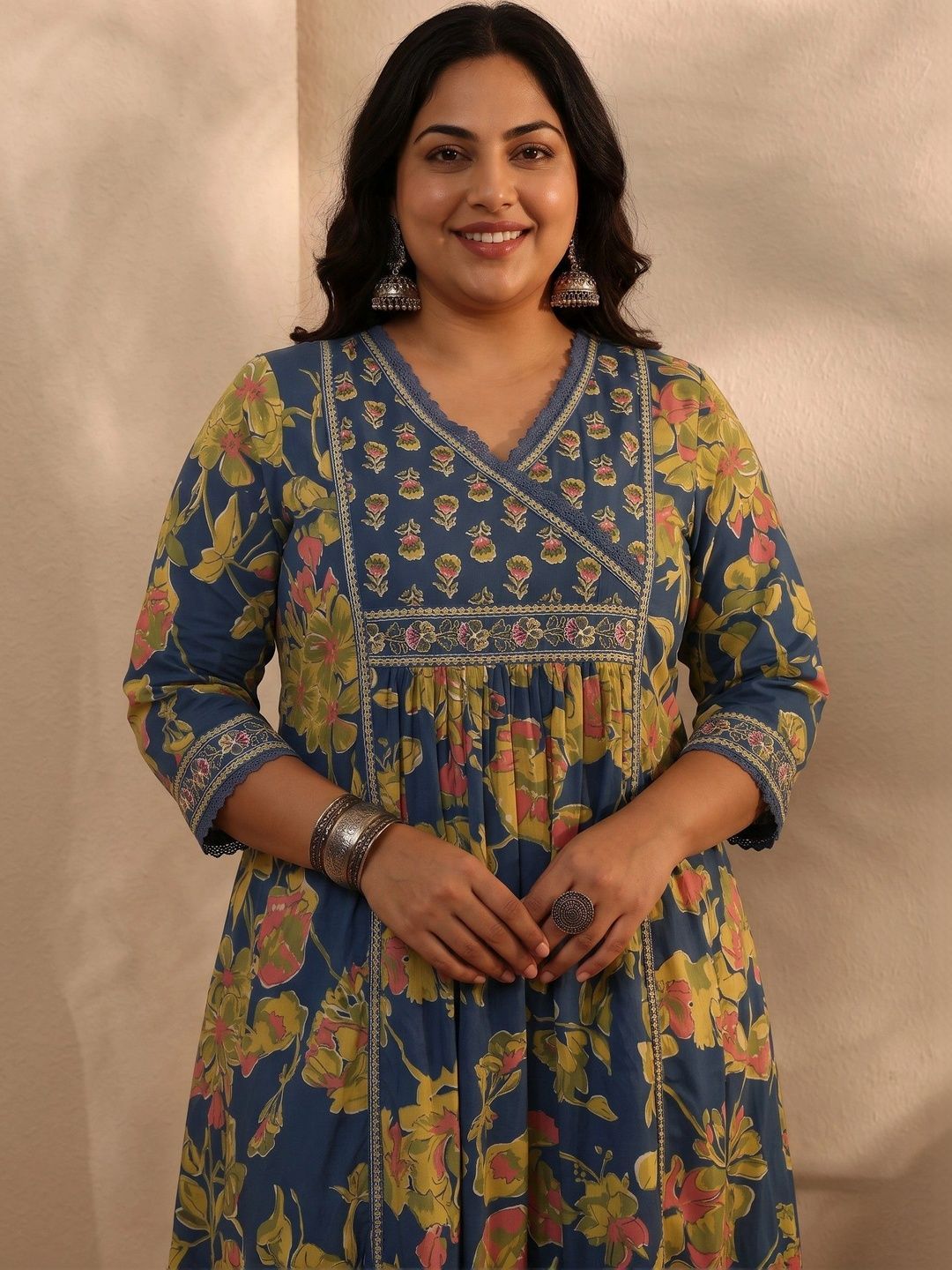 Women Floral Printed Angrakha Kurta with Trousers & With Dupatta
