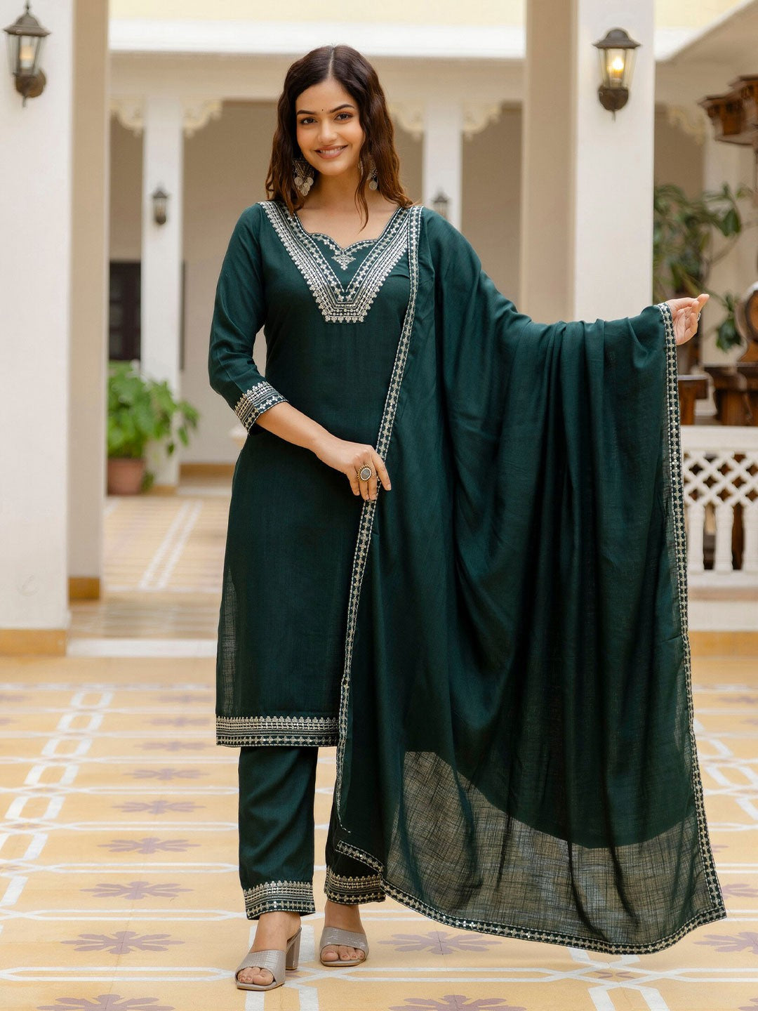 Floral Embroidered Straight Kurta With Trousers & Dupatta