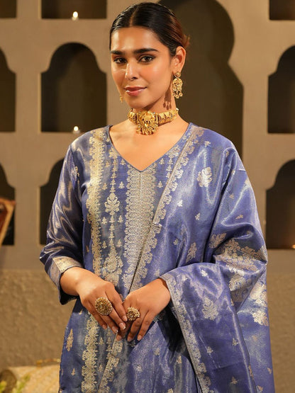 Floral Woven Design V-Neck Liva Zari Straight Kurta & Trousers With Dupatta