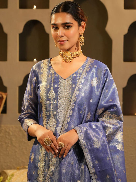 Floral Woven Design V-Neck Liva Zari Straight Kurta & Trousers With Dupatta
