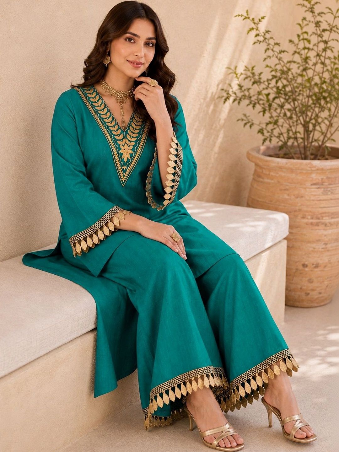 Women Ethnic Motifs Embroidered Regular Gotta Patti Kurta with Palazzos