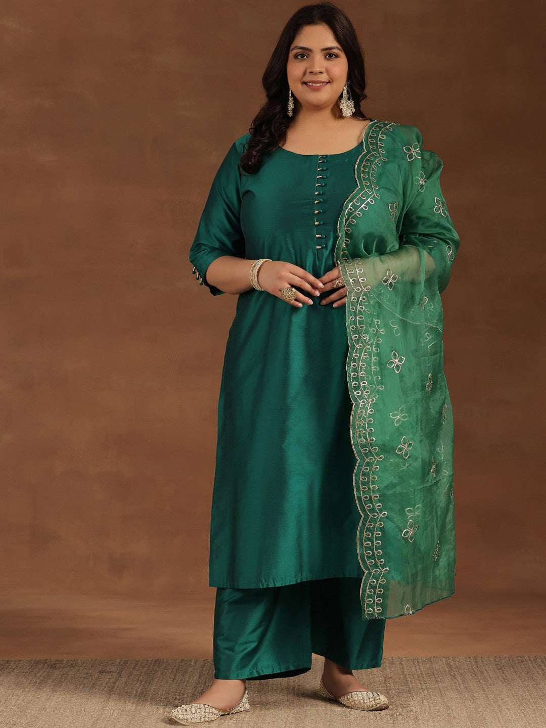 Plus Size Floral Embroidered Sequinned Kurta ,Palazzos & Dupatta