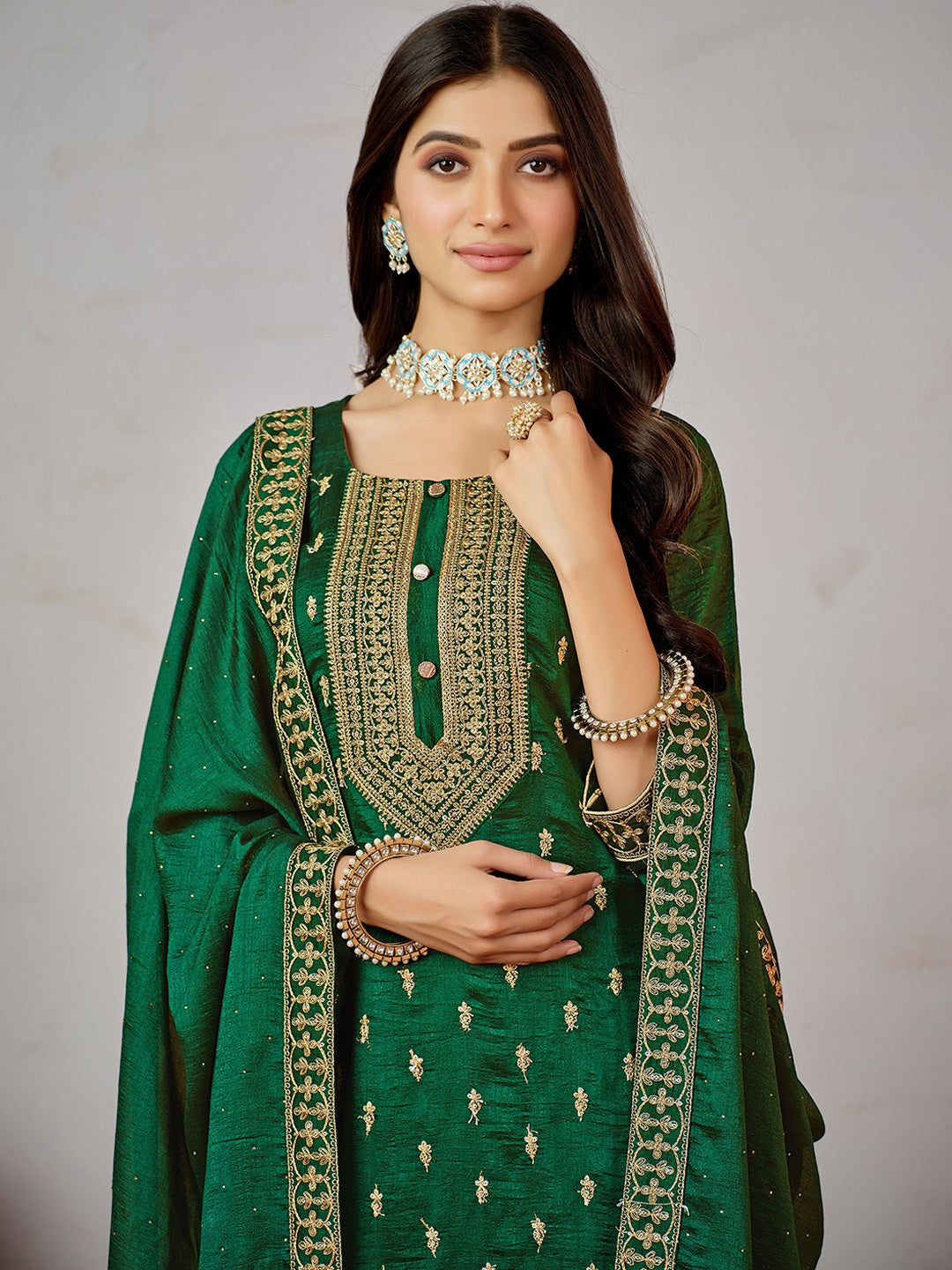 Green Ethnic Motifs Embroidered Kurta with Churidar & Dupatta