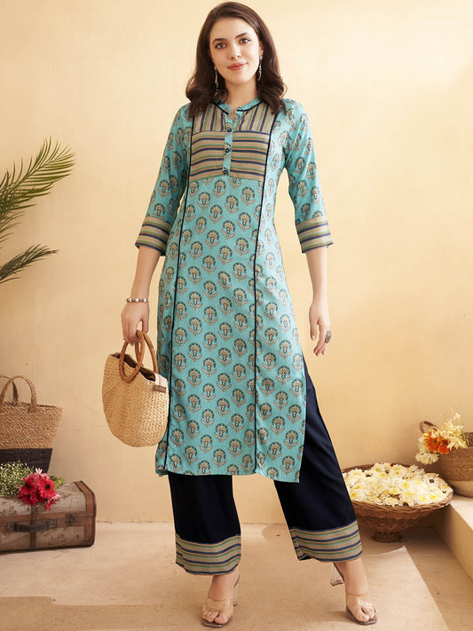 Ethnic Motifs Printed Mandarin Collar Panelled Liva Straight Kurta With Trousers