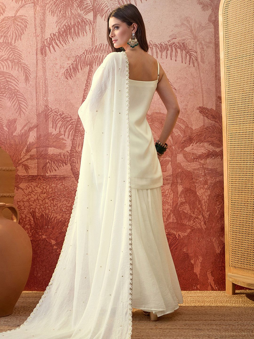 Embroidered Straight Kurta & Palazzos With Dupatta