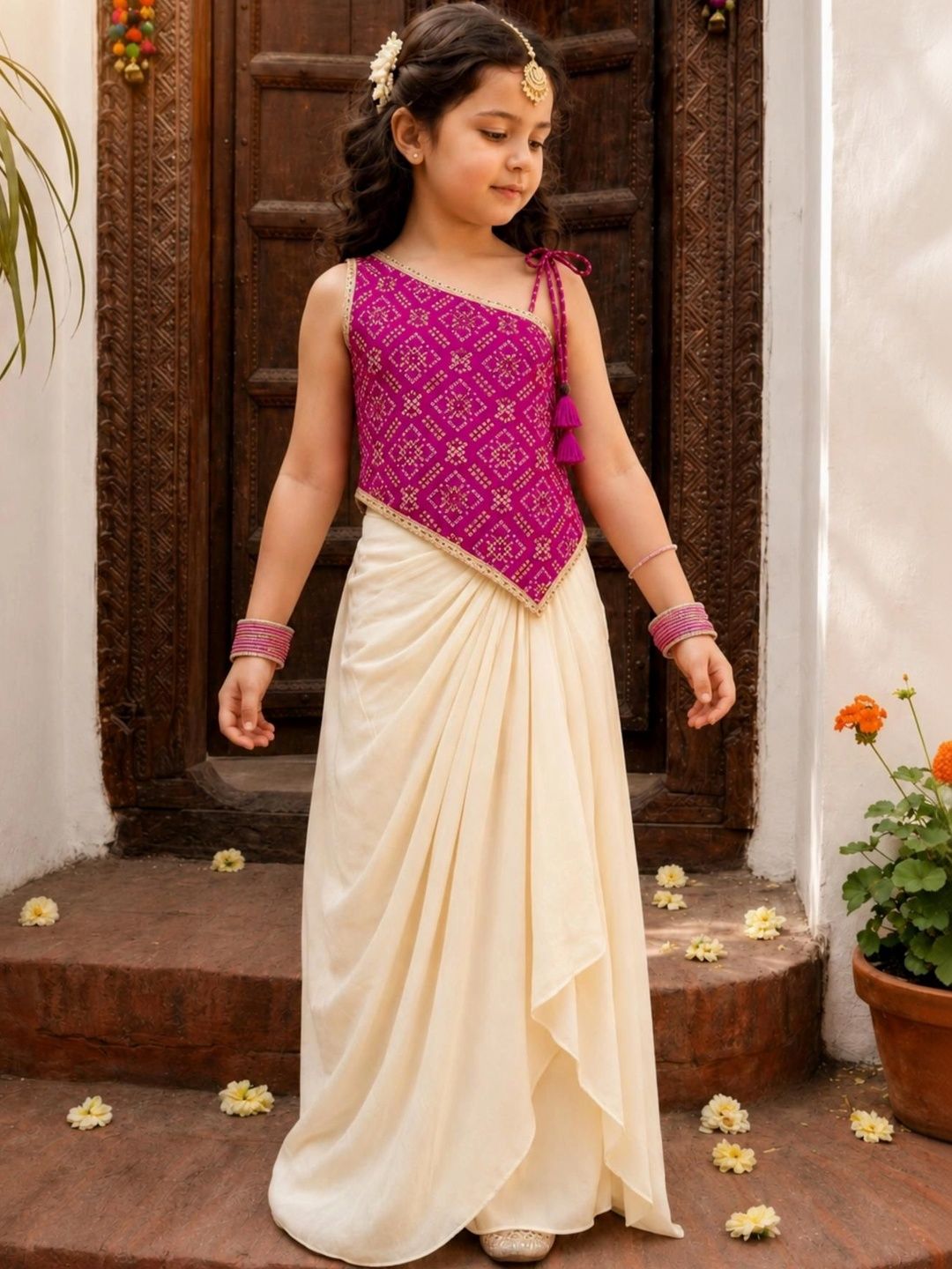 Girls Ethnic Motifs Printed Regular Top with Skirt
