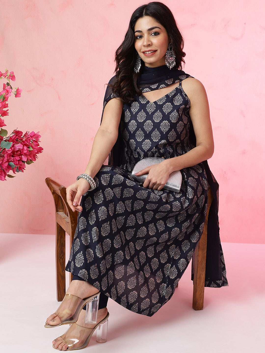 Shoulder Straps Sleeveless Ethnic Printed Empire Kurta with Churidar & Dupatta