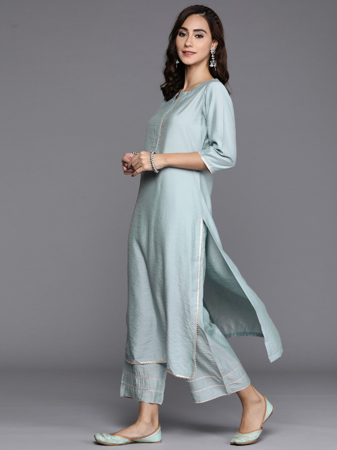 Women Blue Chanderi Silk Gotta Patti Kurta with Palazzos & Dupatta