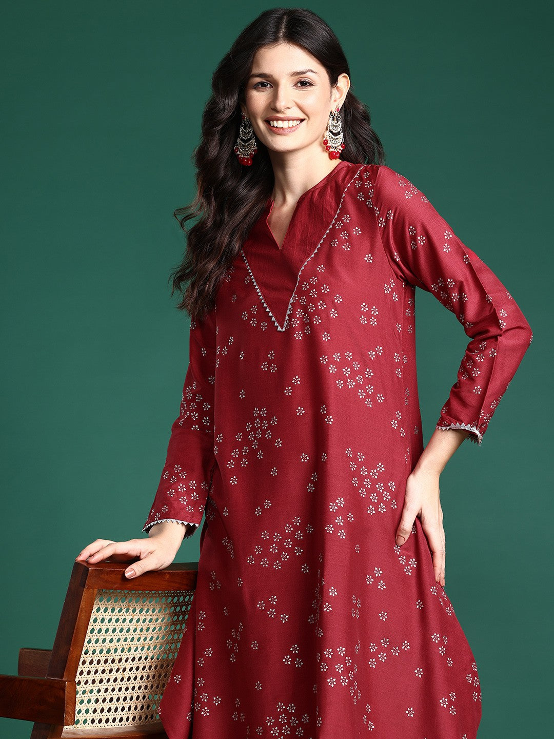 Foil Printed Ethnic Motifs Printed Gotta Patti Asymmetric Kurta with Trousers