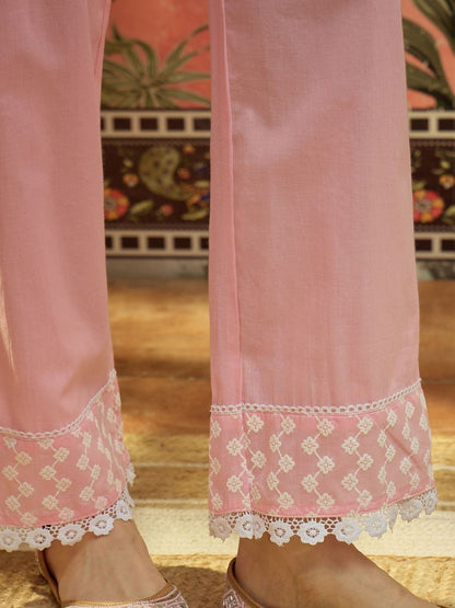 Embroidered Pure Cotton Round Neck Kurta & Palazzos With Dupatta Kurta Set