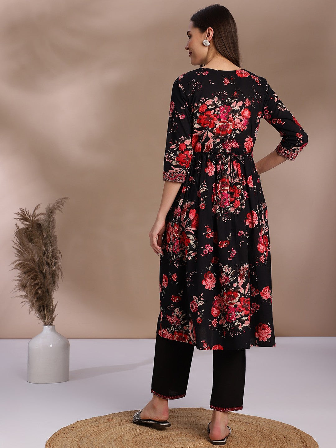 Black Floral Printed Sequinned Detailed Pure Cotton A-Line Kurta With Trouser