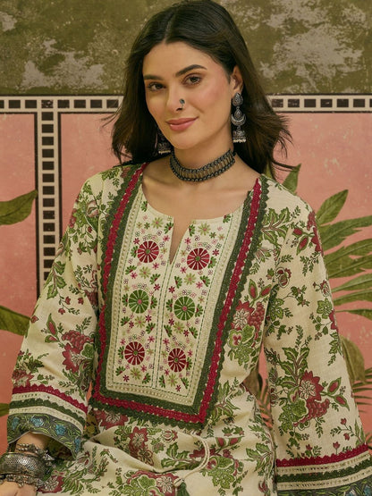 Women Red Floral Printed & Embroidered Cotton A-Line Kurti With Farshi Salwar